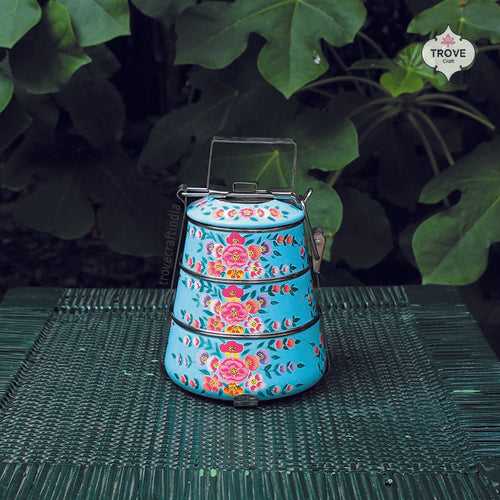 Teal Blue Hand Painted Kashmiri Enamelware Steel Mughal floral 3-tier tiffin