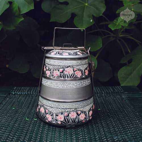 Silver Hand Painted Kashmiri Enamelware Steel Mughal floral 3-tier tiffin