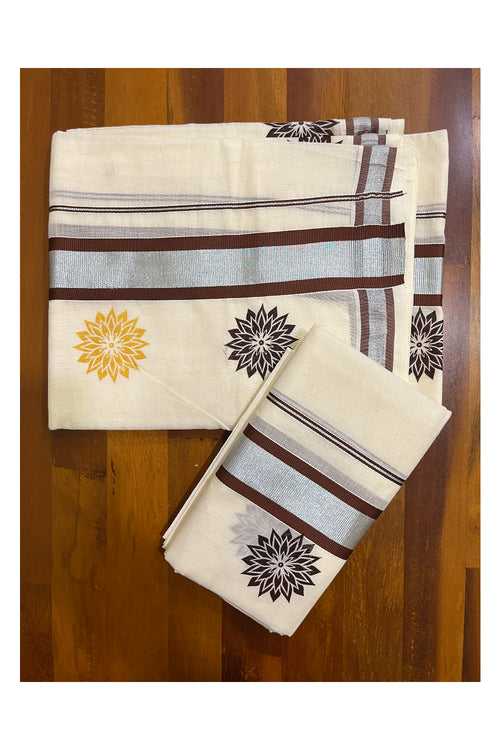 Kerala Cotton Mundum Neriyathum Single (Set Mundu) with Brown Golden Floral Block Prints in Brown Silver Kasavu Border