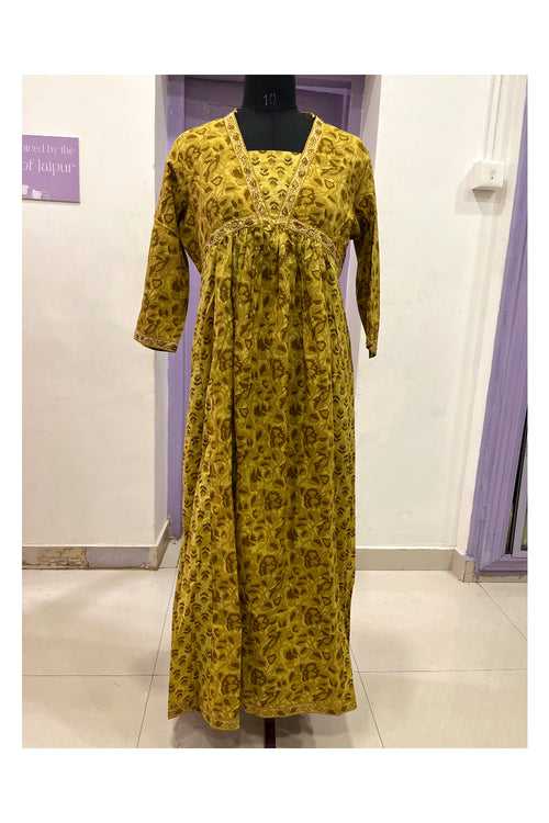 Southloom Stitched Cotton Kurti in Mustard Yellow Printed Designs