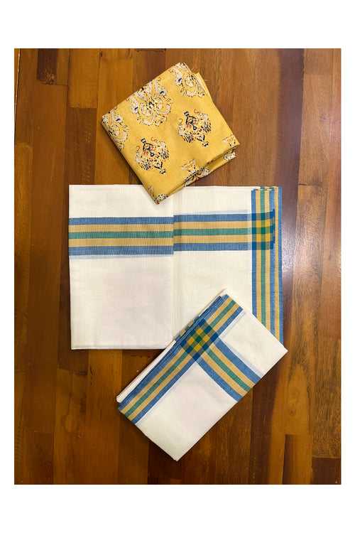 Southloom Mulloth Soft Cotton Blue Yellow Border Set Mundu with Jaipur Printed Blouse Piece (2.60 M Neriyathu / Blouse 1 Meter)