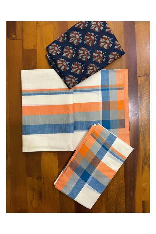 Southloom Mulloth Soft Cotton Orange Blue Grey Border Set Mundu with Jaipur Printed Blouse Piece (2.60 M Neriyathu / Blouse 1 Meter)