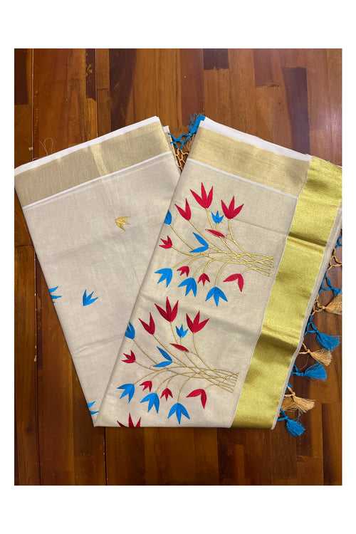 Kerala Tissue Kasavu Saree with Red and Blue floral Embroidery Saree