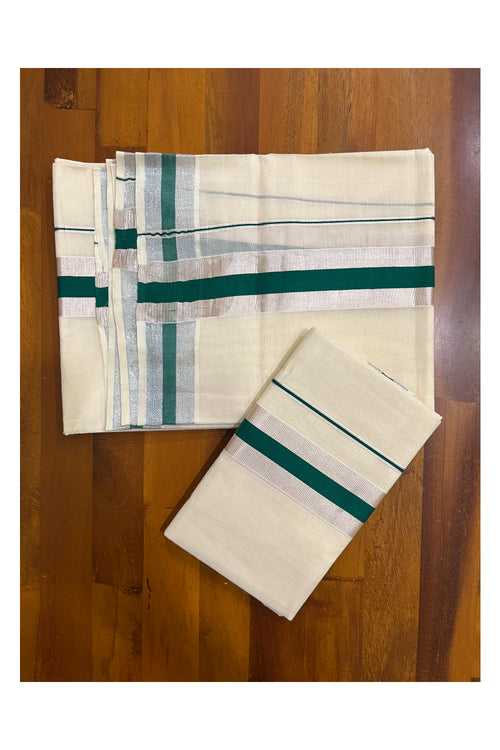 Kerala Cotton Mundum Neriyathum Single (Set Mundu) with Green and Silver Kasavu Border 2.80 Mtrs