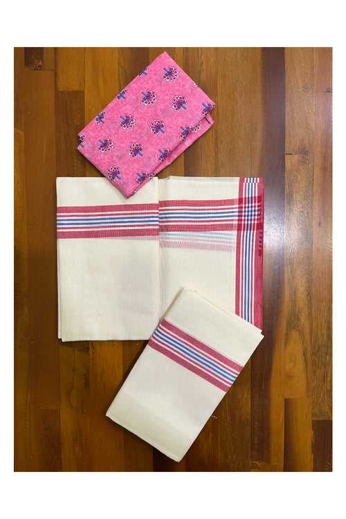 Southloom Mulloth Soft Cotton Red Blue Border Set Mundu with Jaipur Printed Blouse Piece (2.75 M Neriyathu / Blouse 1 Meter)