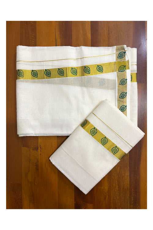 Kerala Pure Cotton Single Set Mundu with Green Block Prints on Kasavu Border 2.80 Mtrs