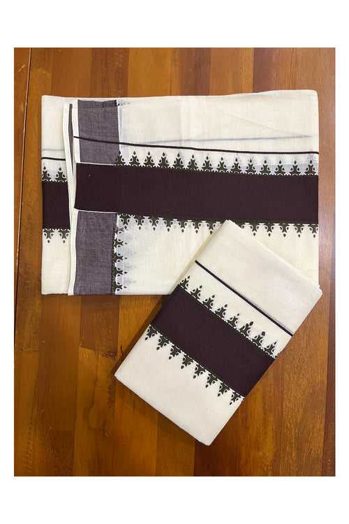 Kerala Cotton Single Set Mundu (Mundum Neriyathum) with Brown Temple Block Printed Border 2.80 Mtrs