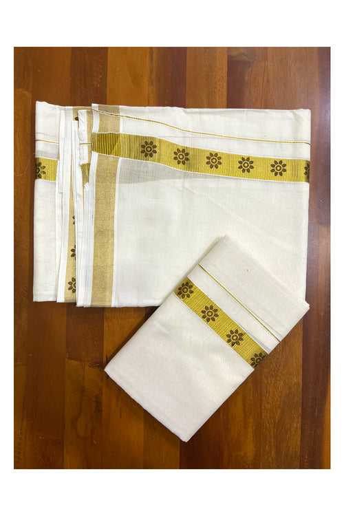 Kerala Pure Cotton Single Set Mundu with Brown Floral Block Prints on Kasavu Border 2.80 Mtrs