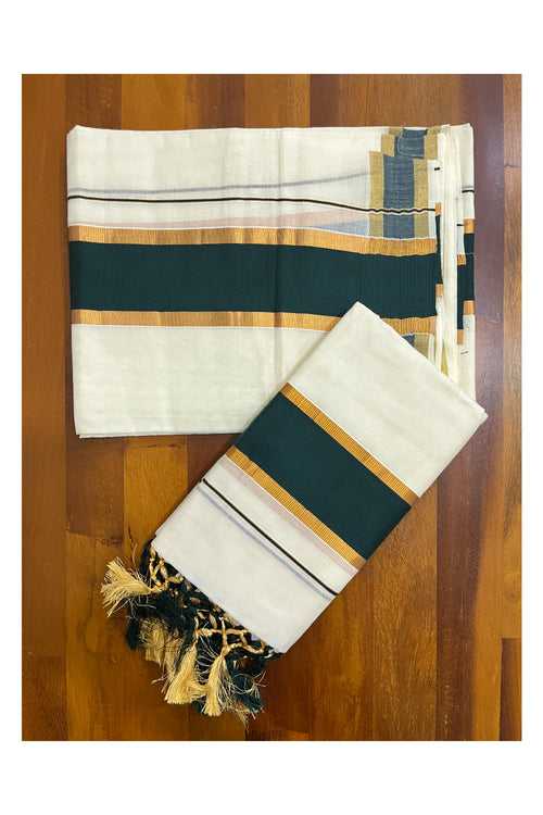 Cotton Kerala Set Mundu (Mundum Neriyathum) with Dark Green and Kasavu Border and Tassels