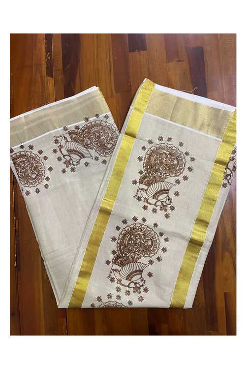 Kerala Tissue Kasavu Saree with Brown Peacock Block Printed Designs