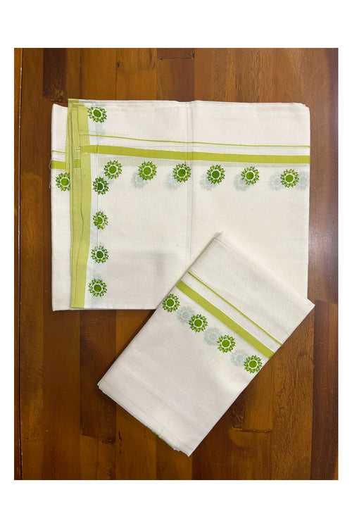 Kerala Pure Cotton Set Mundu Single (Mundum Neriyathum) with Light Green Floral Block Prints