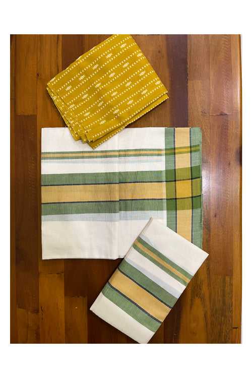 Southloom Mulloth Soft Cotton Yellow Green Border Set Mundu with Jaipur Printed Blouse Piece (2.60 M Neriyathu / Blouse 1 Meter)