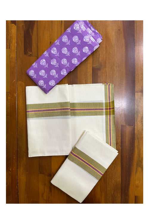 Southloom Mulloth Soft Cotton Green Violet Border Set Mundu with Jaipur Printed Blouse Piece (2.60 M Neriyathu / Blouse 1 Meter)