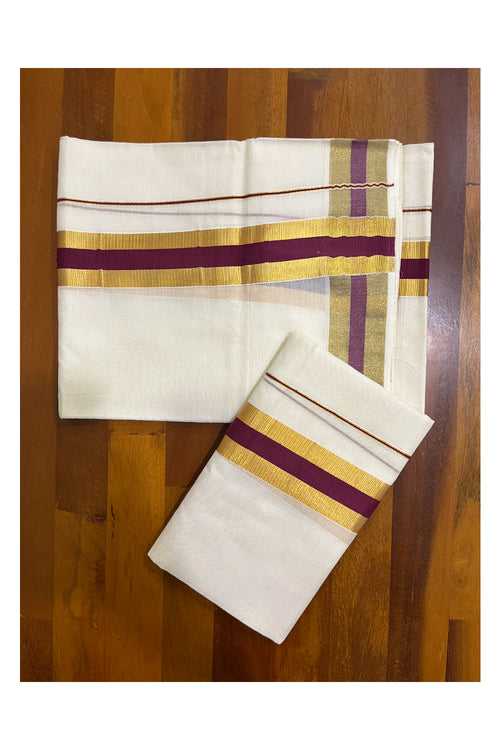 Kerala Cotton Set Mundu (Mundum Neriyathum) with Maroon and Kasavu Border 2.80 Kasavu