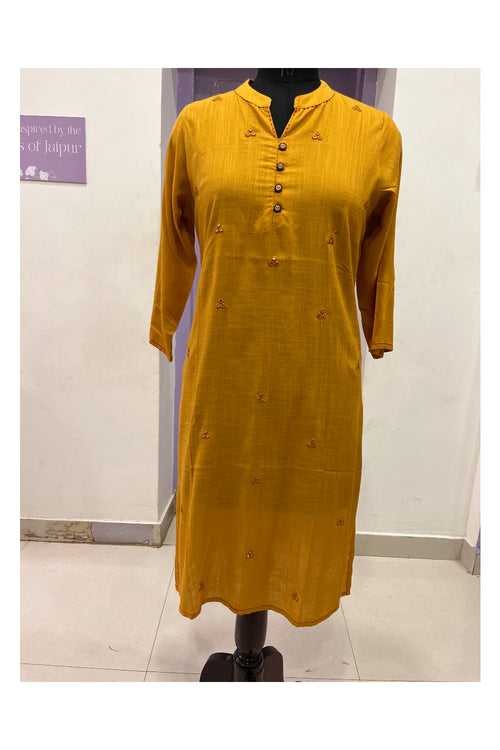 Southloom Stitched Cotton Kurti in Plain Yellow and Mirror Works on Body