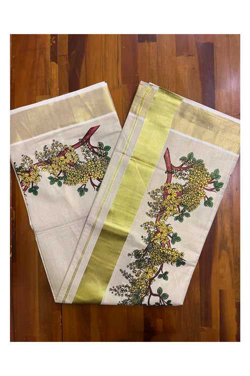 Kerala Tissue Kasavu Saree with Floral Prints on Body and Kasavu Border