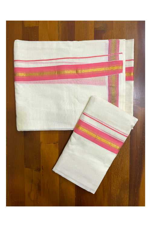 Kerala Cotton Set Mundu (Mundum Neriyathum) with Pink and Kasavu Border