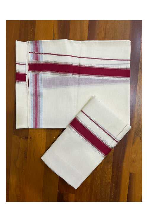 Kerala Cotton Set Mundu (Mundum Neriyathum) with Silver Kasavu and Maroon Border 2.80 Mtrs