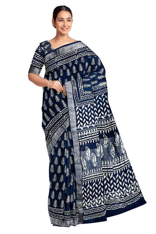 Southloom Linen Indigo Blue Designer Saree with White Prints (include Separate Blouse Piece)