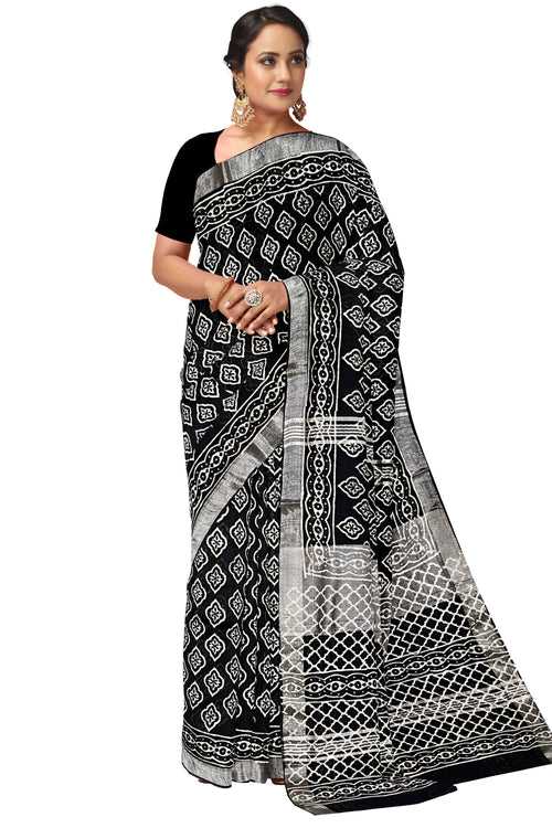 Southloom Linen Black Designer Saree with White Prints