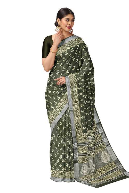 Southloom Linen Green Designer Saree with Floral Prints
