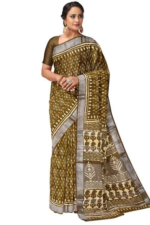 Southloom Linen Mustard Yellow Designer Saree with Floral Prints