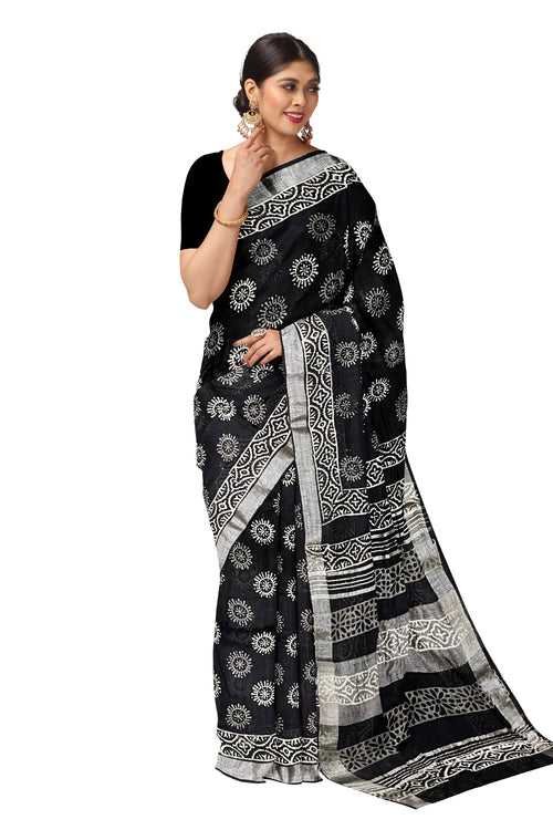 Southloom Linen Black Designer Saree with Floral Prints