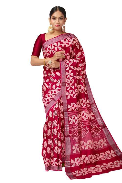 Southloom Linen Dark Pink Designer Saree with Blue Floral Prints