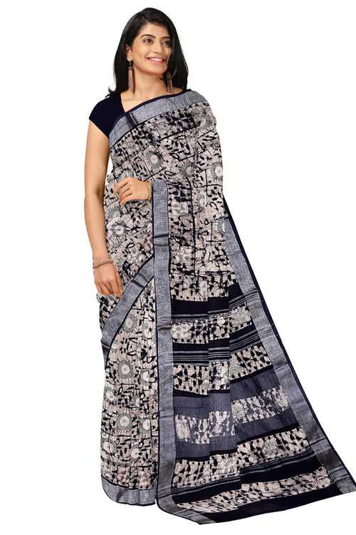 Southloom Linen Dark Blue and White Designer Printed Saree