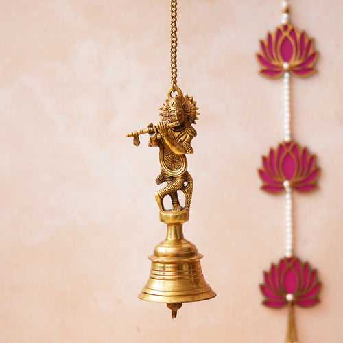 Golden Brass Lord Krishna Playing Flute Statue Hanging Bell with Chain