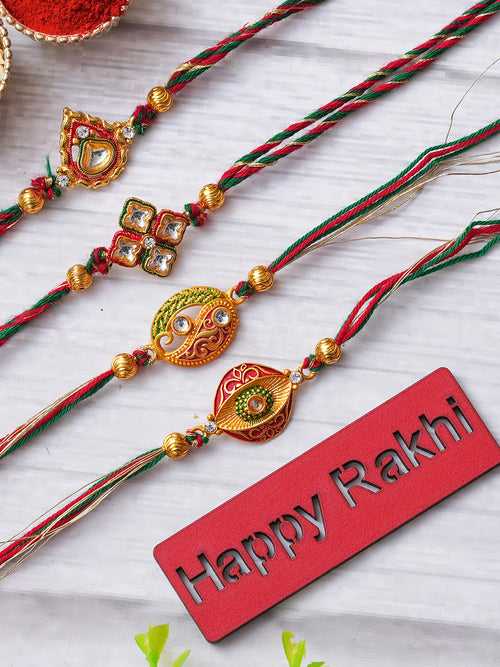 Set of 4 Multicolor Floral Designer Rakhis for Brother, Bhabhi, Kids with Roli Chawal Pack