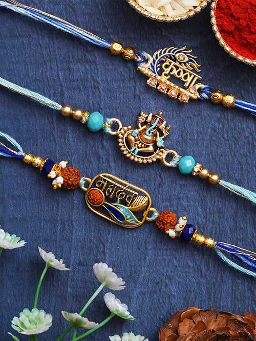 Set of 3 Mahadev, Krishna, Ganesha Religious Designer Rakhis for Brother, Bhabhi, Kids with Roli Chawal Pack