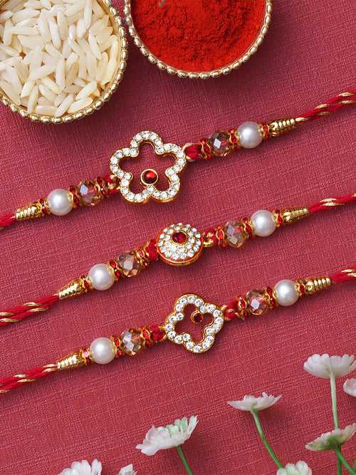 Set of 3 White & Red Diamonds Pearls Designer Rakhis for Brother, Bhabhi, Kids with Roli Chawal Pack