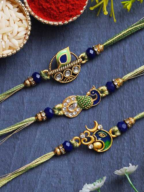 Set of 3 Peacock, Om Ganesha, Flute Peacock Feather Designer Rakhis for Brother, Bhabhi, Kids with Roli Chawal Pack
