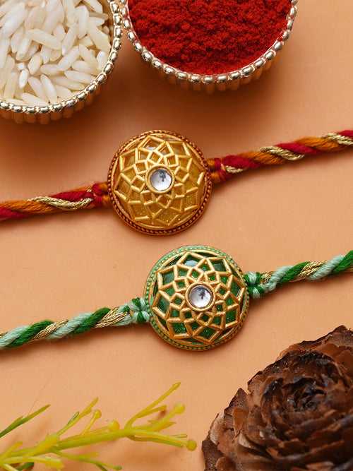 Set of 2 Green & Yellow Flowers Designer Rakhis for Brother, Bhabhi, Kids with Roli Chawal Pack