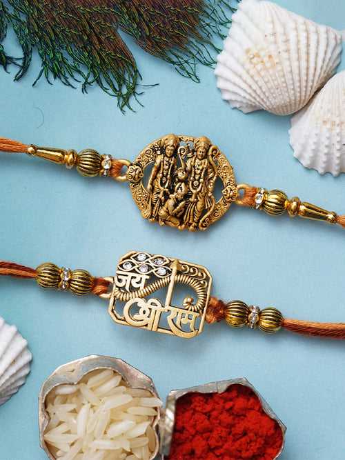 Set of 2 Jai Shri Ram, Lord Ram Laxman Hanuman Religious Rakhis for Brother, Bhabhi, Kids with Roli Chawal Pack