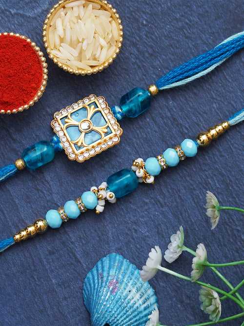 Set of 2 Sky Blue Beads and Diamonds Floral Designer Rakhis for Brother, Bhabhi, Kids with Roli Chawal Pack