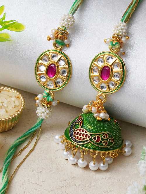 Set of 2 Kundan, Pearl Peacock Designer Rakhi for Brother and Bhabhi with Roli Chawal Pack