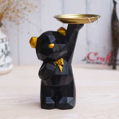 Geometric Black Standing Teddy Bear Statue Holding Tray Decorative Showpiece