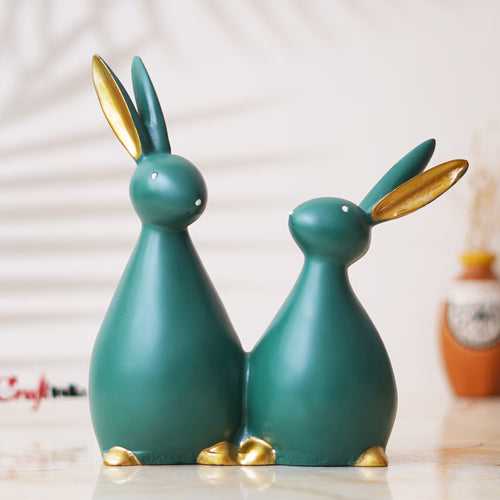 Set of 2 Green Polyresin Cute Rabbit Statues Decorative Animal Figurines
