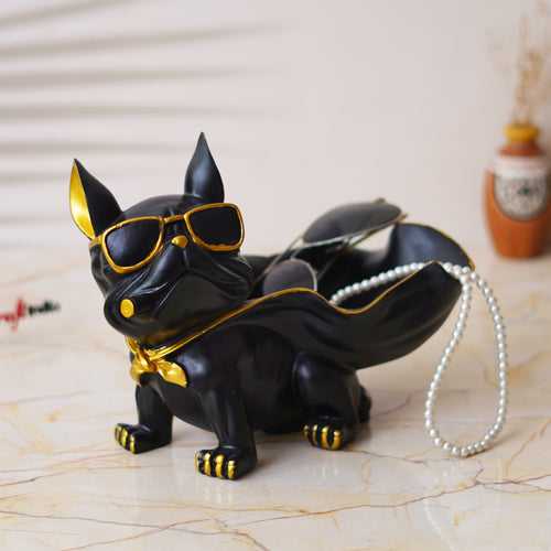Black Bull Dog Statue in Glasses with Cape Serving Tray Animal Figurine
