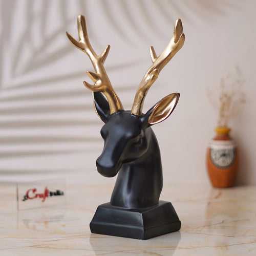 Black Polyresin Reindeer Head Statue with Golden Antlers Animal Showpiece