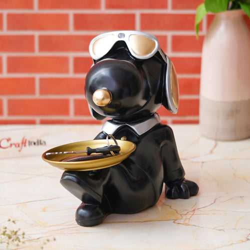 Balck Bull Dog Statue Sitting with Glasses, Headset Animal Figurine