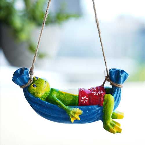 Multicolor Polyresin Hanging Frog Figurine On Hammock - Decorative Showpiece for Garden Outdoor Balcony Home Office Hotel Lounge