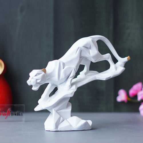 White Geometric Black Panther Statue on Rock Decorative Animal Figurine Showpiece