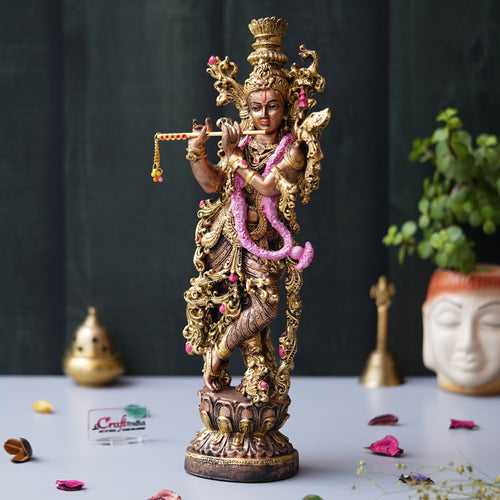 Golden Standing Lord Krishna Idol Playing Flute Statue