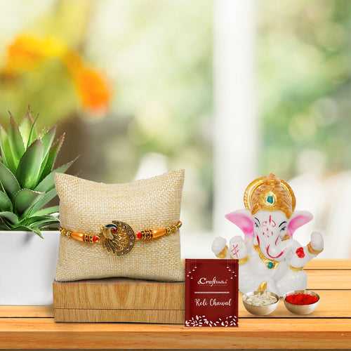 Designer Peacock Rakhi for Brother with Lord Ganesha Idol and Roli Chawal Pack, Raksha Bandhan Greeting Card