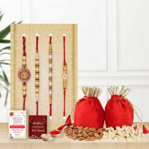 Set of 4 Floral, Pearls, Diamonds, Designer Rakhis with Cashew Almond Dryfruits, Roli Chawal Pack, Raksha Bandhan Greeting Card