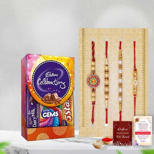 Set of 4 Floral, Pearls, Diamonds, Designer Rakhis with Cadbury Celebration, Roli Chawal Pack, Raksha Bandhan Greeting Card