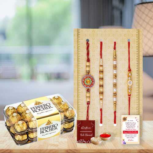 Set of 4 Floral, Pearls, Diamonds, Designer Rakhis with Ferrero Rocher and Roli Chawal Pack, Raksha Bandhan Greeting Card